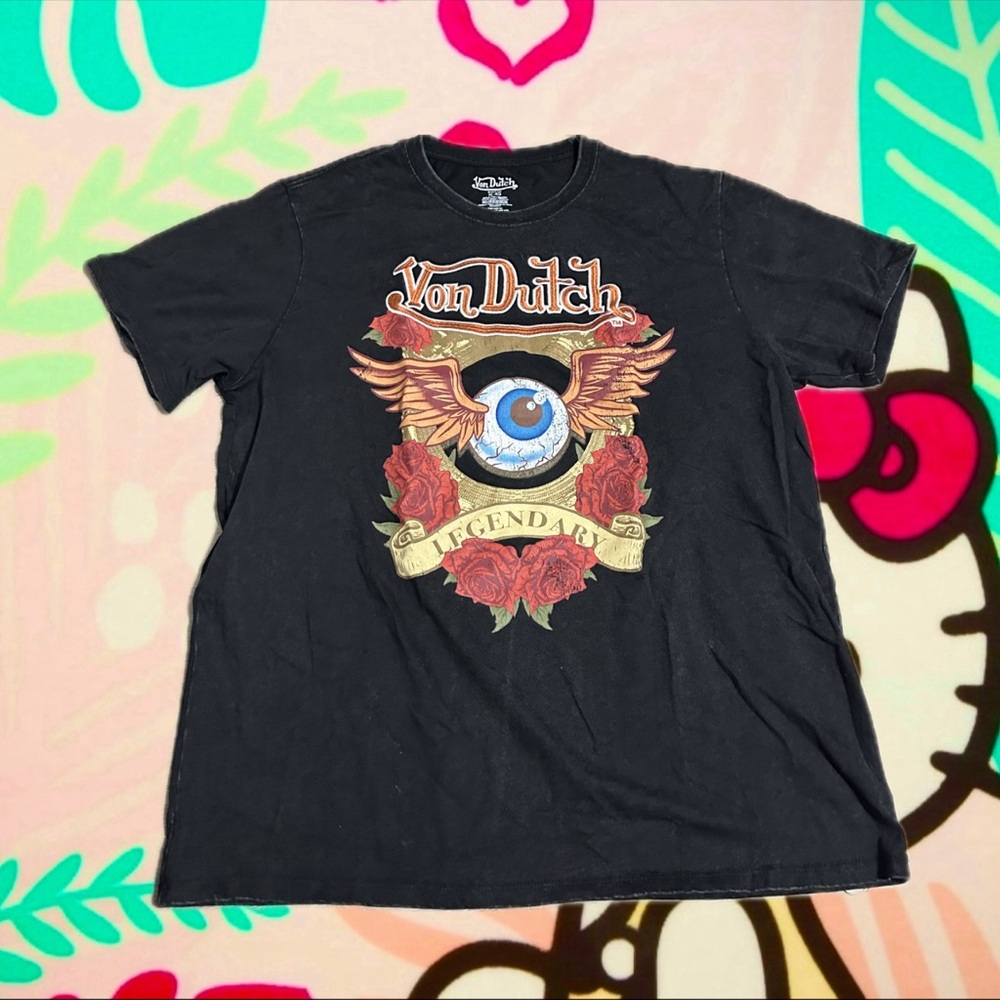 Von Dutch Black Tee with Eye and Rose Graphic